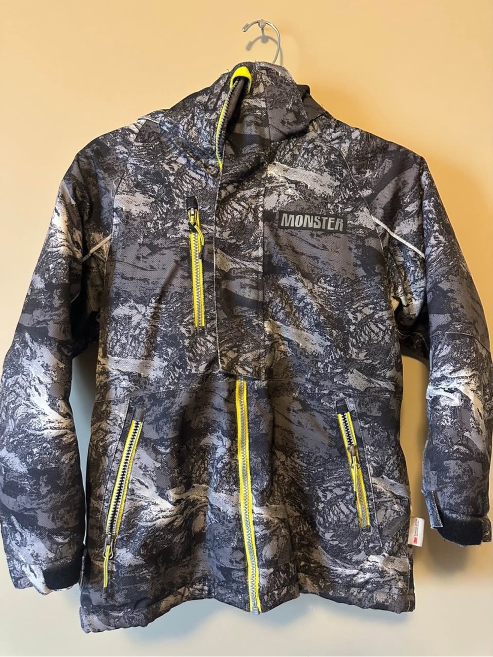 Kids' Gray Camo Hooded winter Puffer Jacket with Yellow Trim